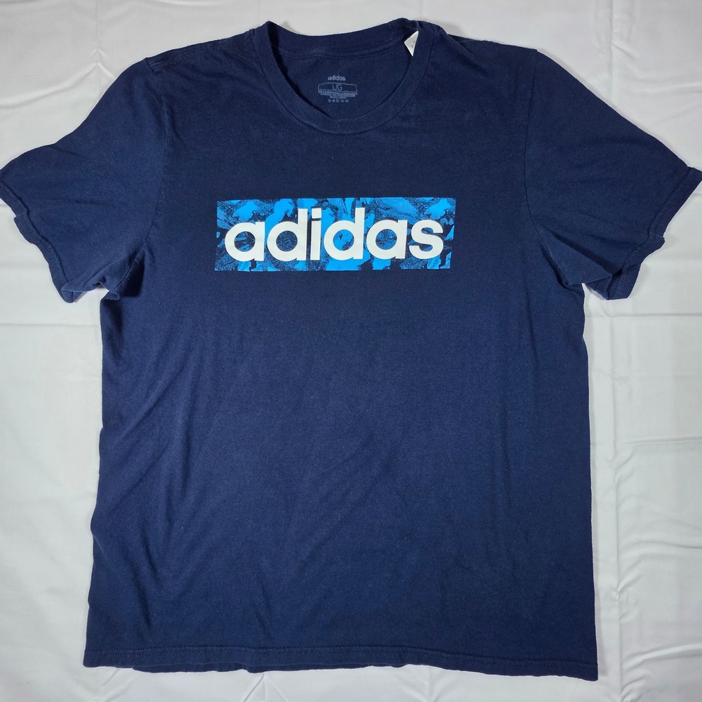 Adidas Mens Navy Blue Box Logo Graphic T-Shirt LG Short Sleeve Cotton Tee